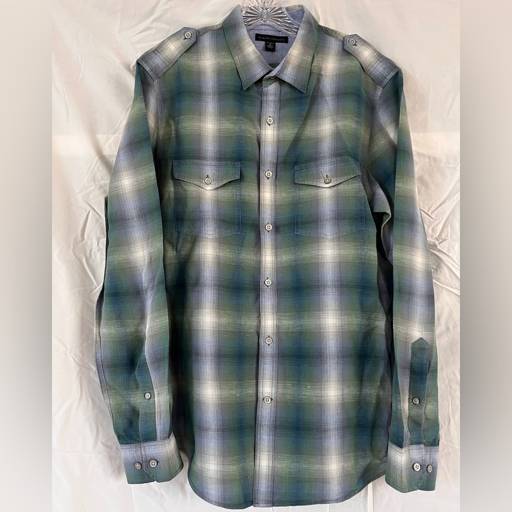 Banana Republic Green and Blue Plaid Linen Utility Button Down Shirt